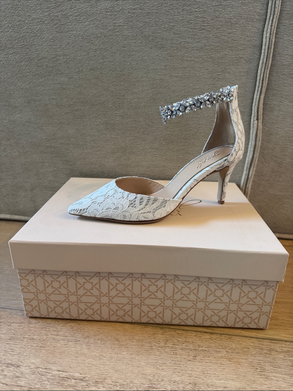 Badgley Mischka Ivory Lace Pointed-Toe Pump with Jeweled Ankle Strap